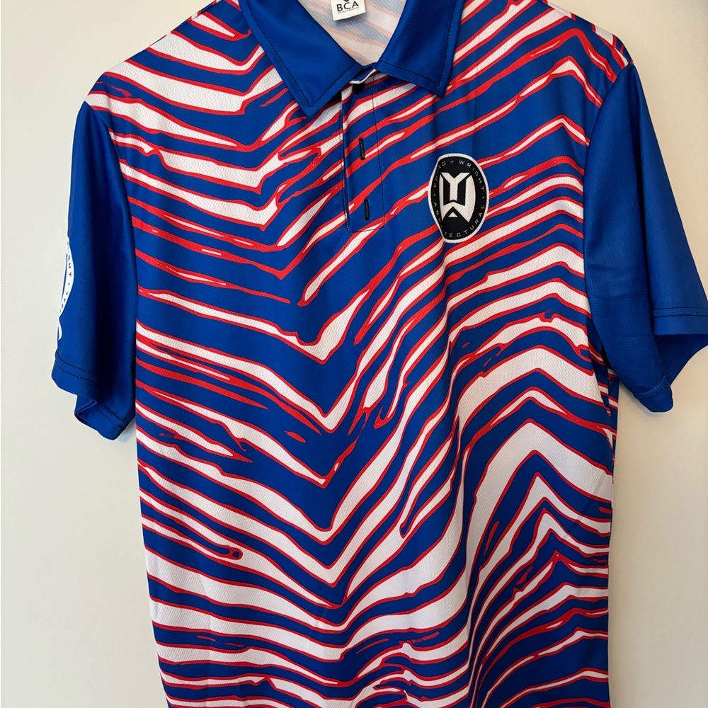 BCA Blue and Red Zubaz Patterned Polo Shirt